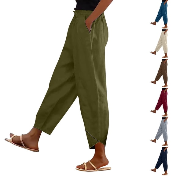 Women's Slub Cotton Pants, Cropped Casual Trousers with Elastic Waist and Side Pockets, Loose Fit Lounge Pants for Women, Summer Beach Pants, Loungewear and Daily Relaxation-Beige
