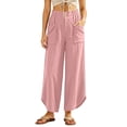 thumbnail image 3 of Womens Cotton Linen Loose Casual Long Pants with Pockets, Elastic Waist Straight Leg, Stylish Button Design, Lounge Summer Travel Daily Wear | VerBelle,Pink M, 3 of 7
