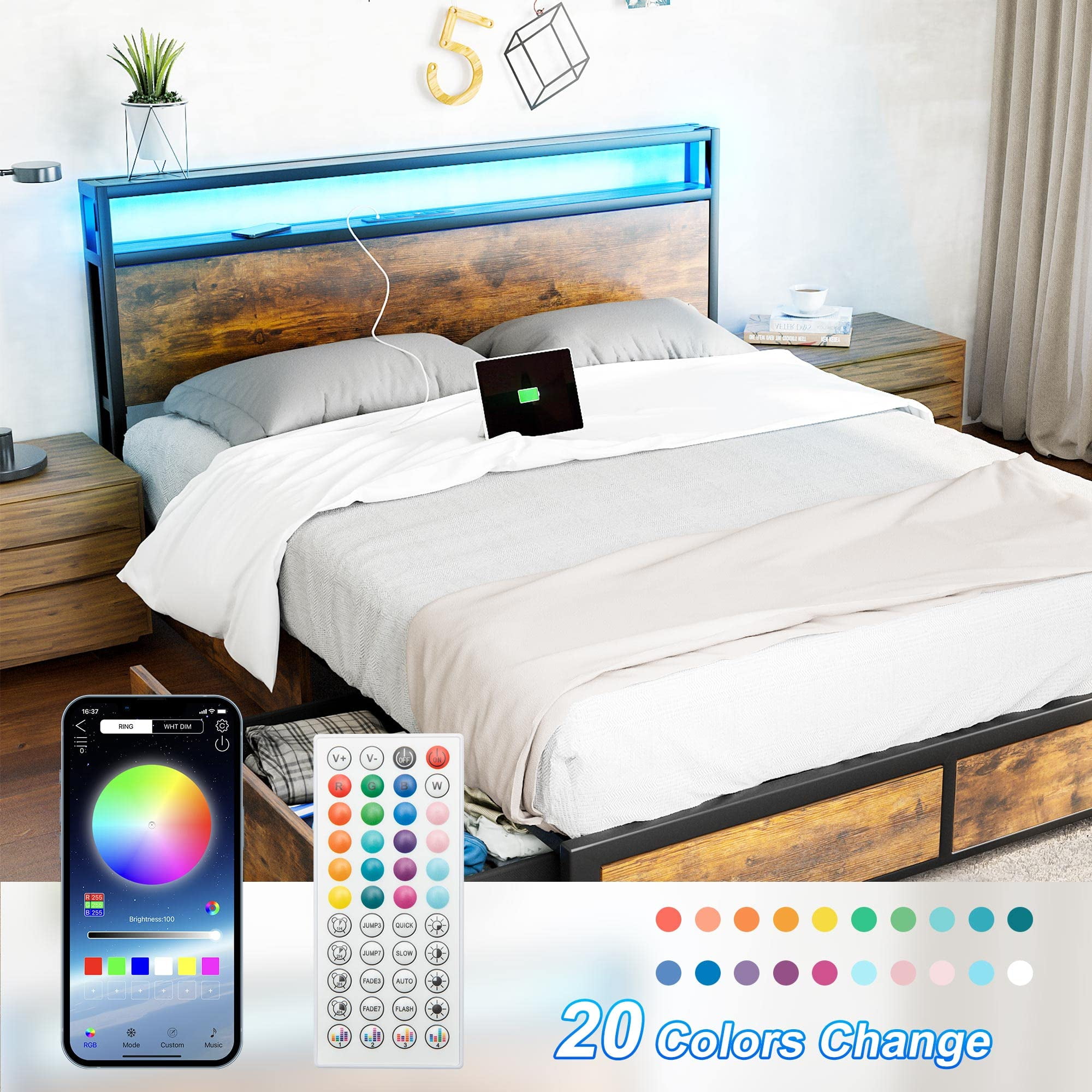 LED Full Size Shelf Bed Frame with Storage, 4 Drawers, USB Ports, Industrial Wood & Metal, Brown  (图2)