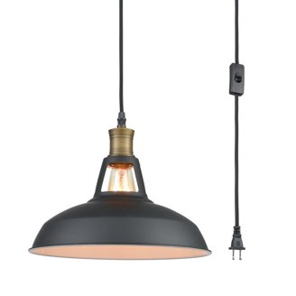 SKIVTGLAMP Swag Handing Indtrial Style Pulley Design Pendant Lamp With 15ft Plug-in Dimmer Switch Cord Black Iron Mini Circular Shade With Wheel For Living Room Vintage Farmhoe No Wiring Needed