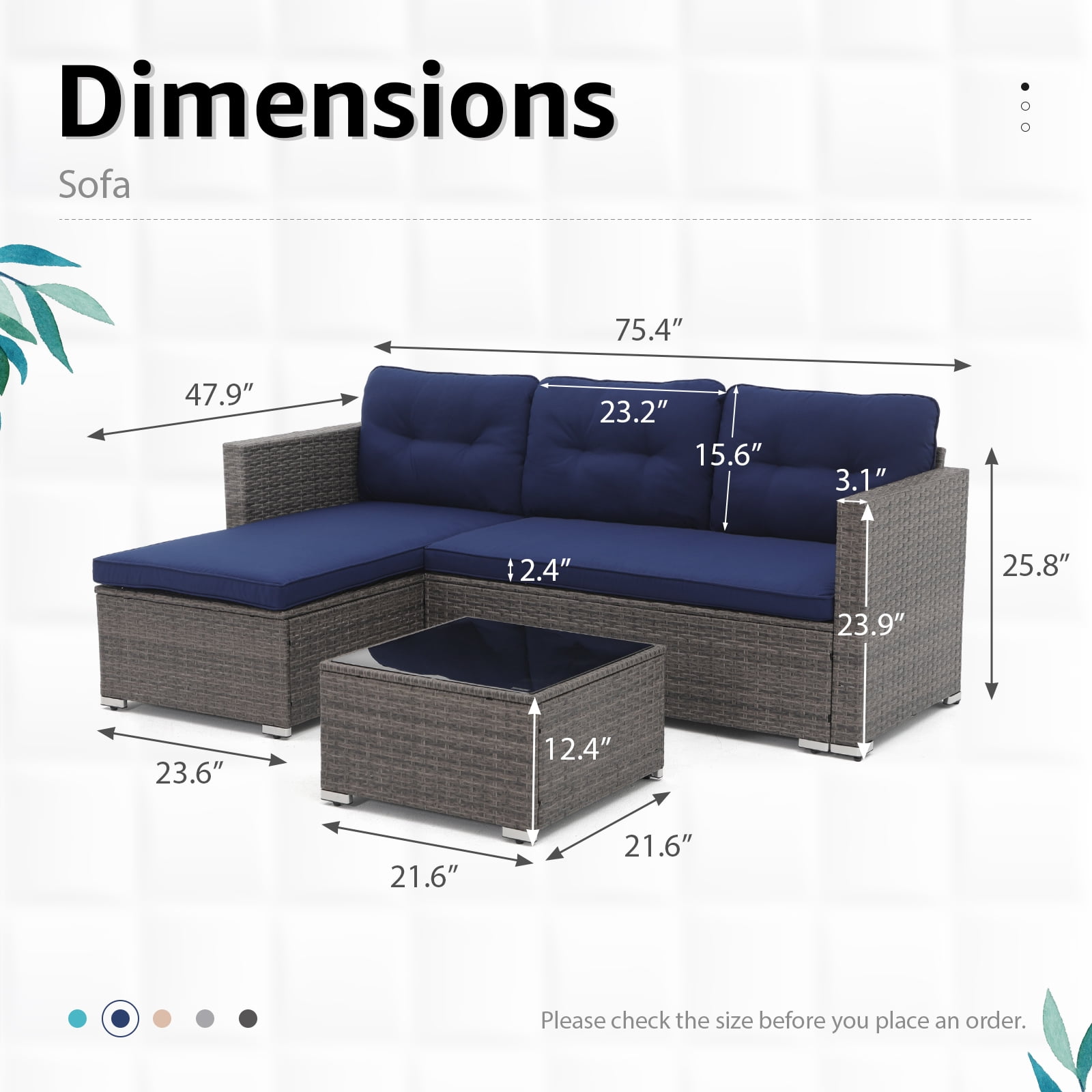 OC Orange-Casual 5-Piece Outdoor Sectional Sofa Set with Glass Coffee Table Grey Rattan & Navy Blue Cushion