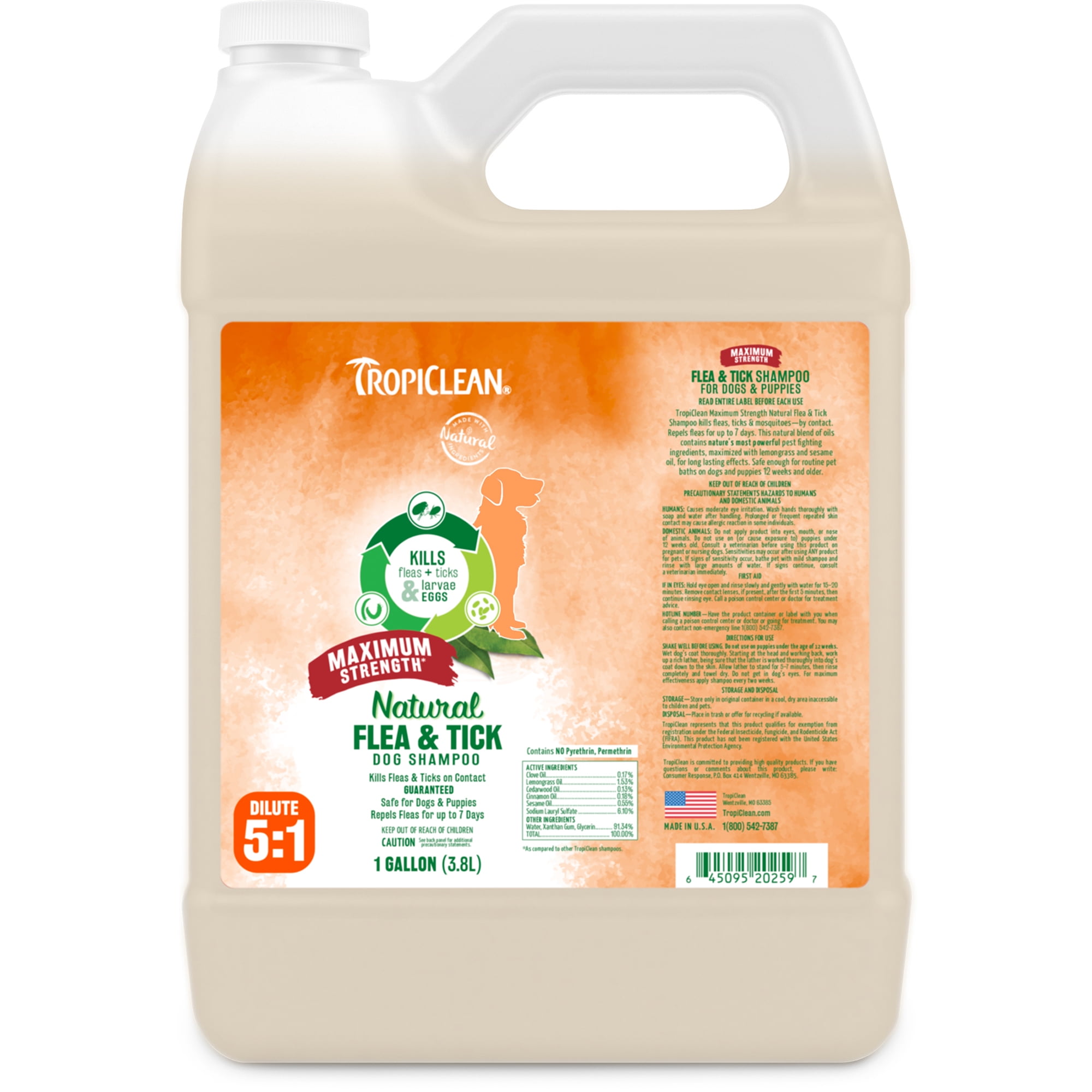 TropiClean Natural* Flea & Tick Maximum Strength Shampoo for Dogs, 1 gal Made in USA, Kills 99