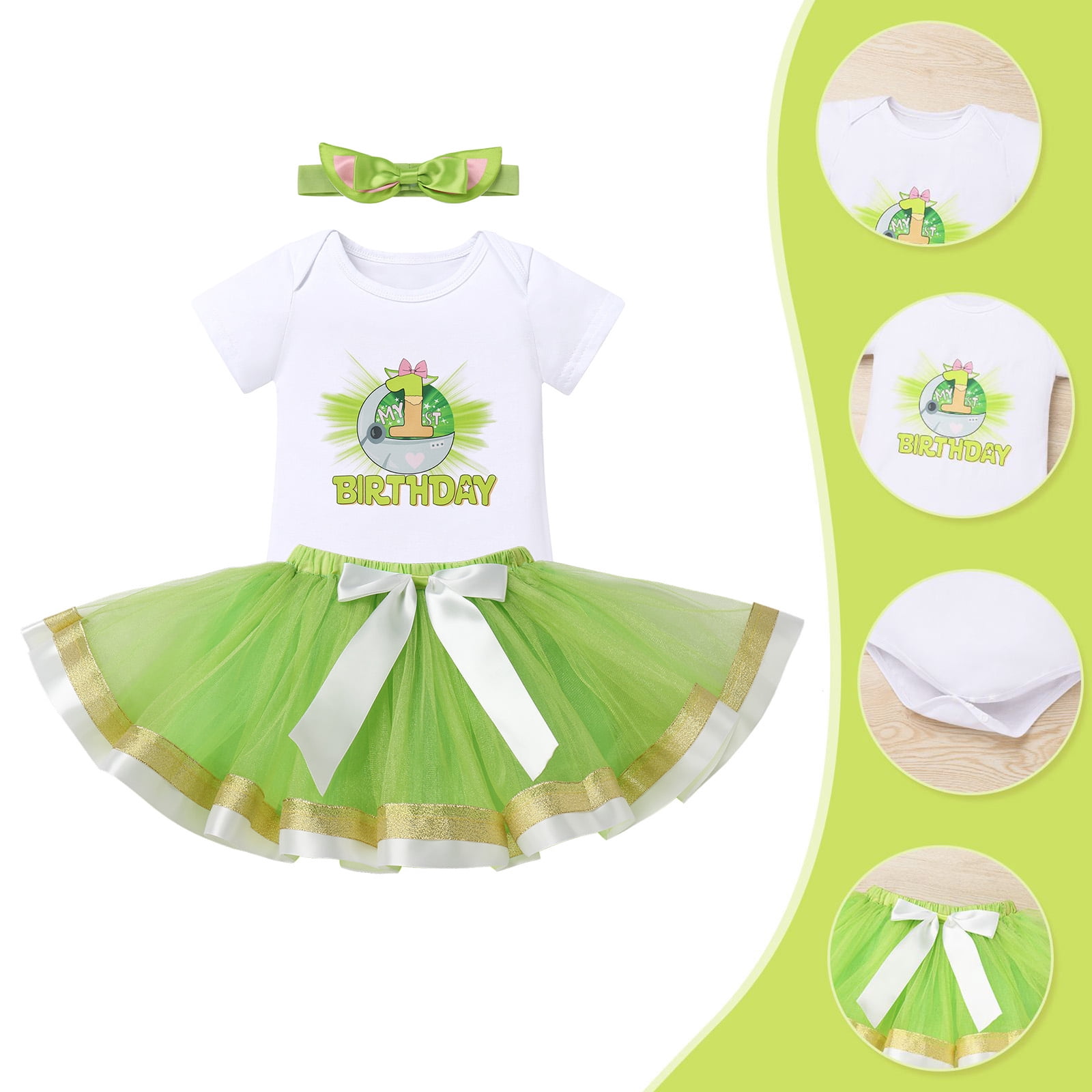 IBTOM CASTLE Infant Baby Girls 1st Birthday Outfits Short Sleeve Romper + Tutu Skirt + Headband 3PCS Set for Cake Smash Photoshoot 1 Year Green