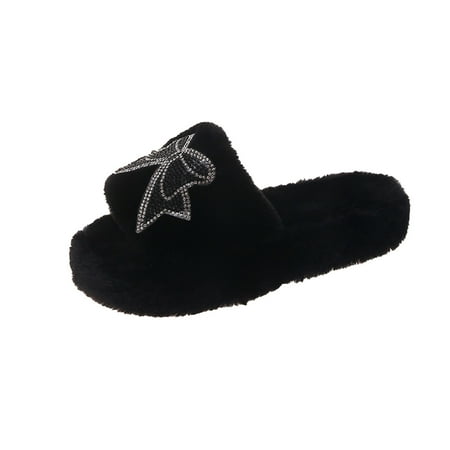 

Pgeraug slippers for women Women s Fashion Bowknot Rhinestone Plush Slippers Thick-soled Cotton Slippers Women Shoes Black 39