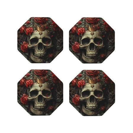 

Junzan Classical Rose Crown Skull Print Coasters for Drinks - Leather Coasters Set of 4 for Coffee Table for Housewarming/Kitchen/Bar/Decor-Octagon