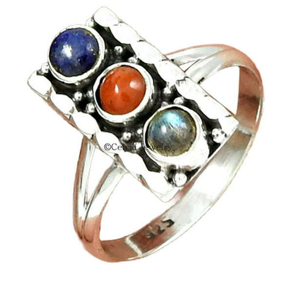 Natural Lapis, Coral & Labradorite Gemstone Handmade Ring For Women, Real 925 Sterling Silver Fine Jewelry, Stackable Stacking Multitone Ring, Cocktail Ring, Jun Birthstone, Mothers Day Gifts (7)