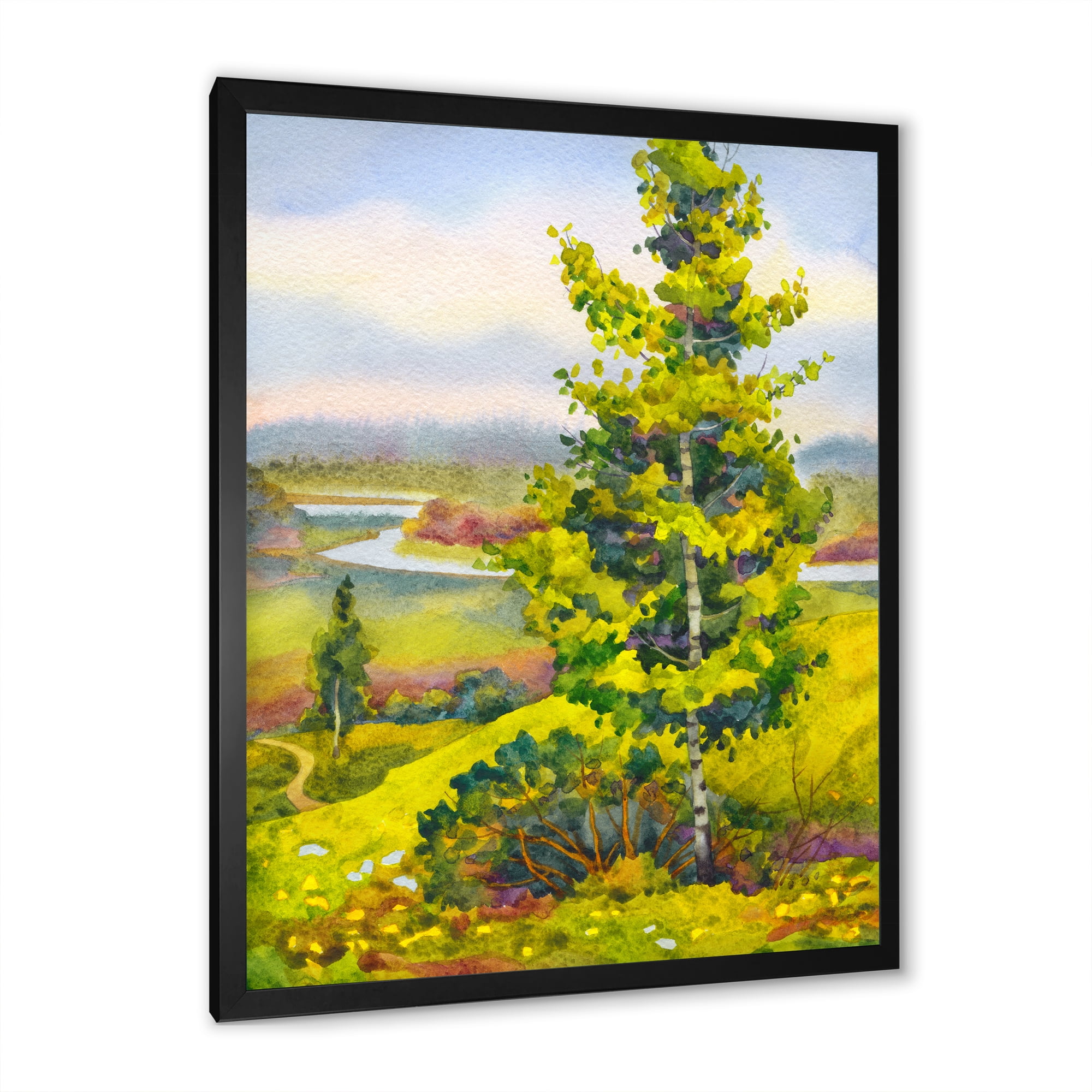 Designart 'Colorful Young Orange Betulas Along Bank Of Calm Bay' Lake House Framed Art Print