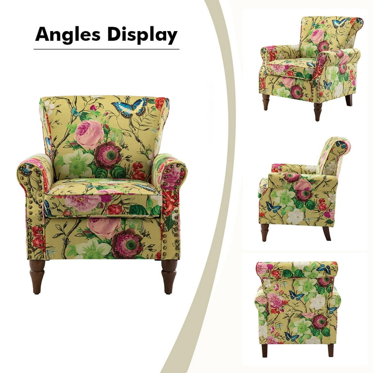 Wingback Armchair Removable Cushion Floral Upholstered Sofa Home Accent Chair Couch Wood Legs Nailhead Trim Mustard