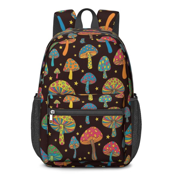 Mushroom and Star Black Pattern 17" School Backpacks for Teens,Waterproof Oxford Fabric,S-Shape Padded Straps for School,Travel,Hiking,Camping