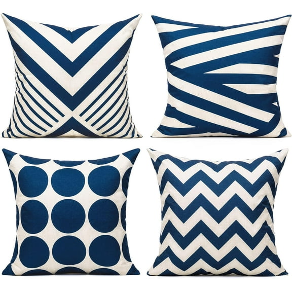 Navy Blue Fall Outdoor Patio Throw Pillow Covers Cases Decorative for Couch Sofa Furniture Home Decor Geometric Accent Cushion Square 18×18 Set of 4,Nautical Navy & Tan