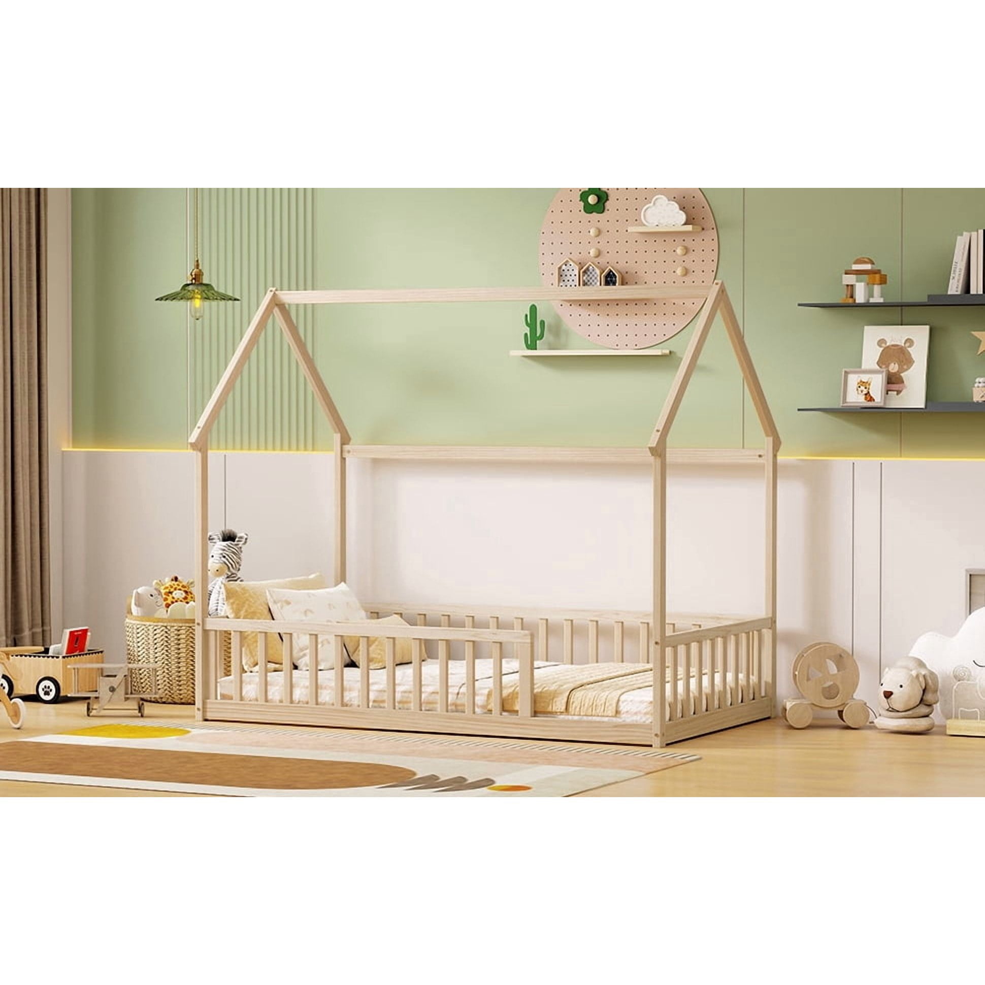 Natural Twin House Floor Bed with Full Safety Fence, Solid Pine Montessori Kids Playhouse Bed Frame No Box Spring Needed Max 250 LBS for Toddler Nursery Bedroom