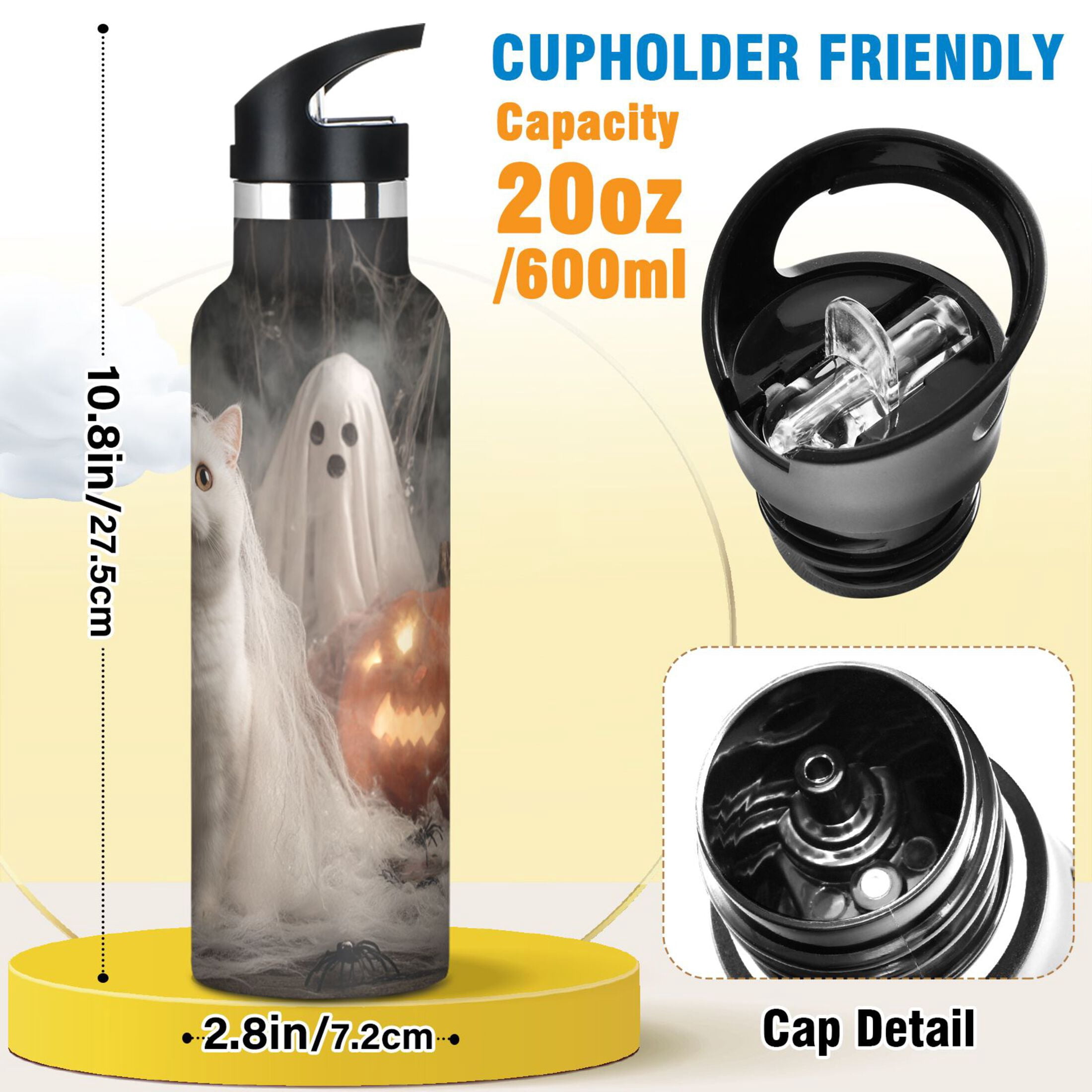 Kids Insulated Stainless Steel Sports Water Bottle 600ml (20oz) Shorthair Cat and White Gauze