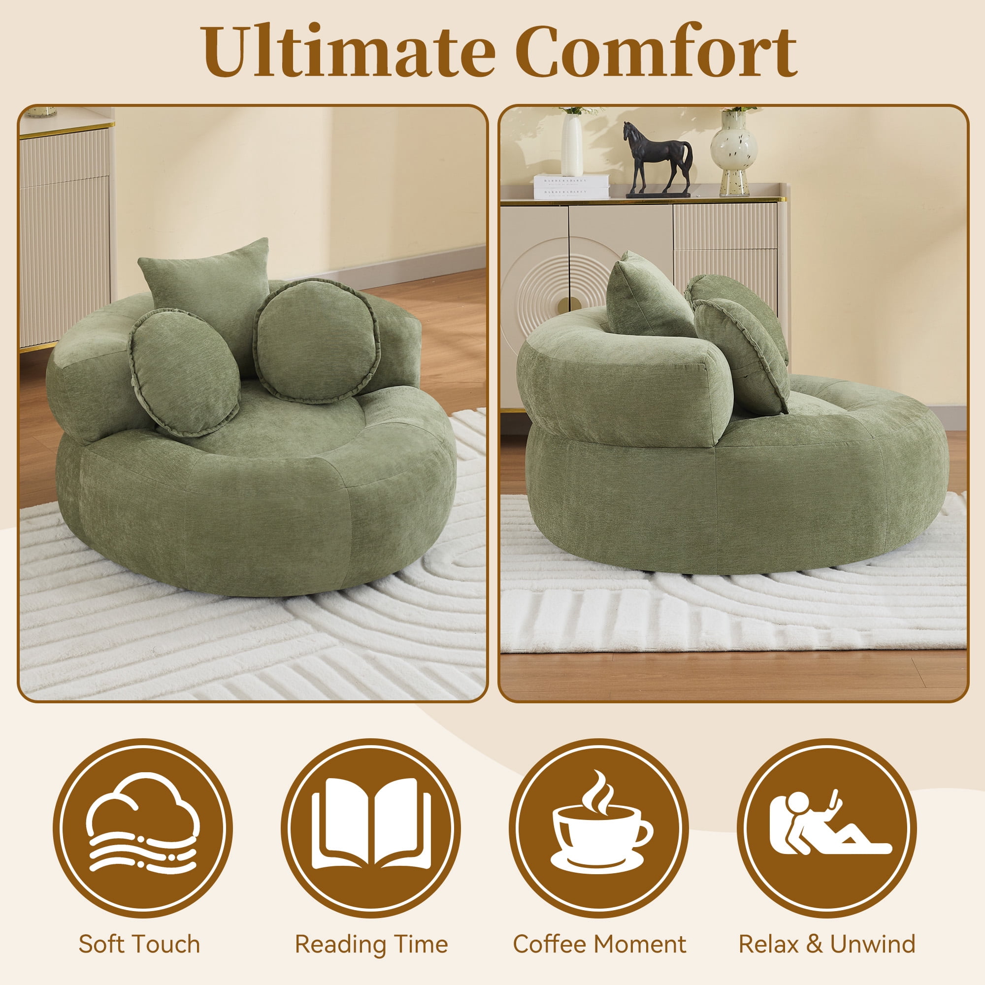 43'' Round Oversized Chaise Lounge Indoor Chair, No Assembly Chenille Compressed Circle Sofa Bed,Comfy Upholstered Sleeper Couch,Lazy Bean Bag Couch for Living Room, Bedroom,Green