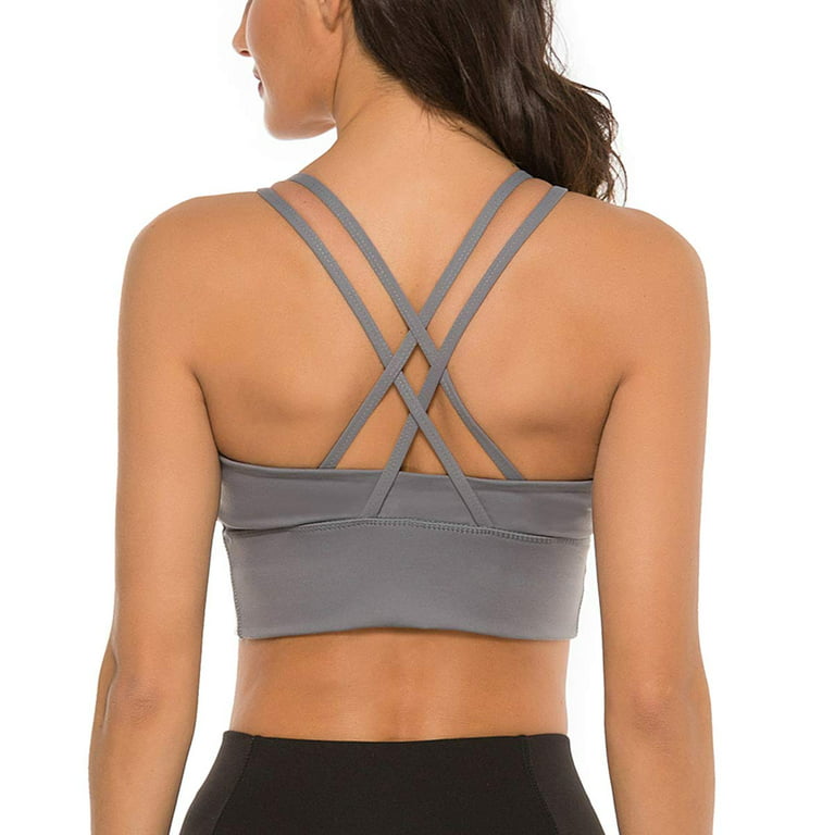 nine bull Strappy Sports Bra for Women Open Back Criss Cross Padded  Comfortable Bras, Pull On Closure, Deep Gray, XL