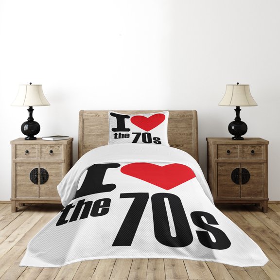 Ambesonne Retro Quilted Bedspread Set 2 Pcs, I Love the 70s Pictogram, Twin Size, Red Black White