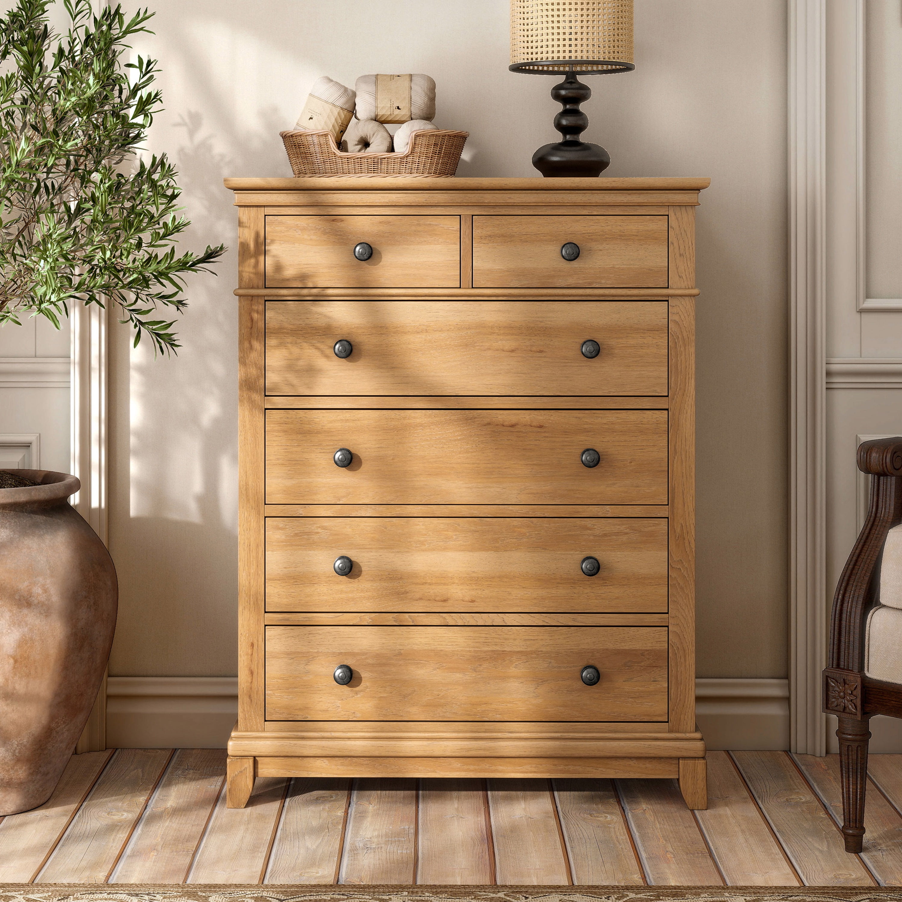 Furniture of America Stratford 5-Drawer Solid Wood Bedroom Chest, Natural Oak