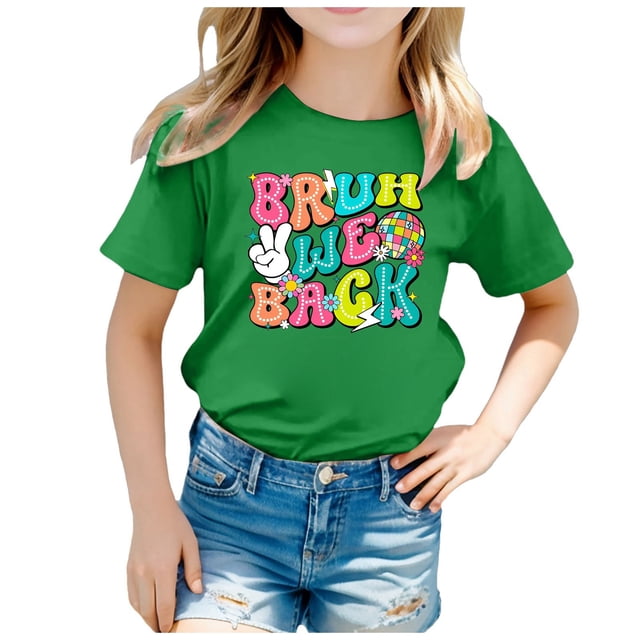 WEAIXIMIUNG T-Shirts à Manches Longues pour Filles, Imprimé Graphique, Col Rond, Manches Courtes, Été, Décontracté