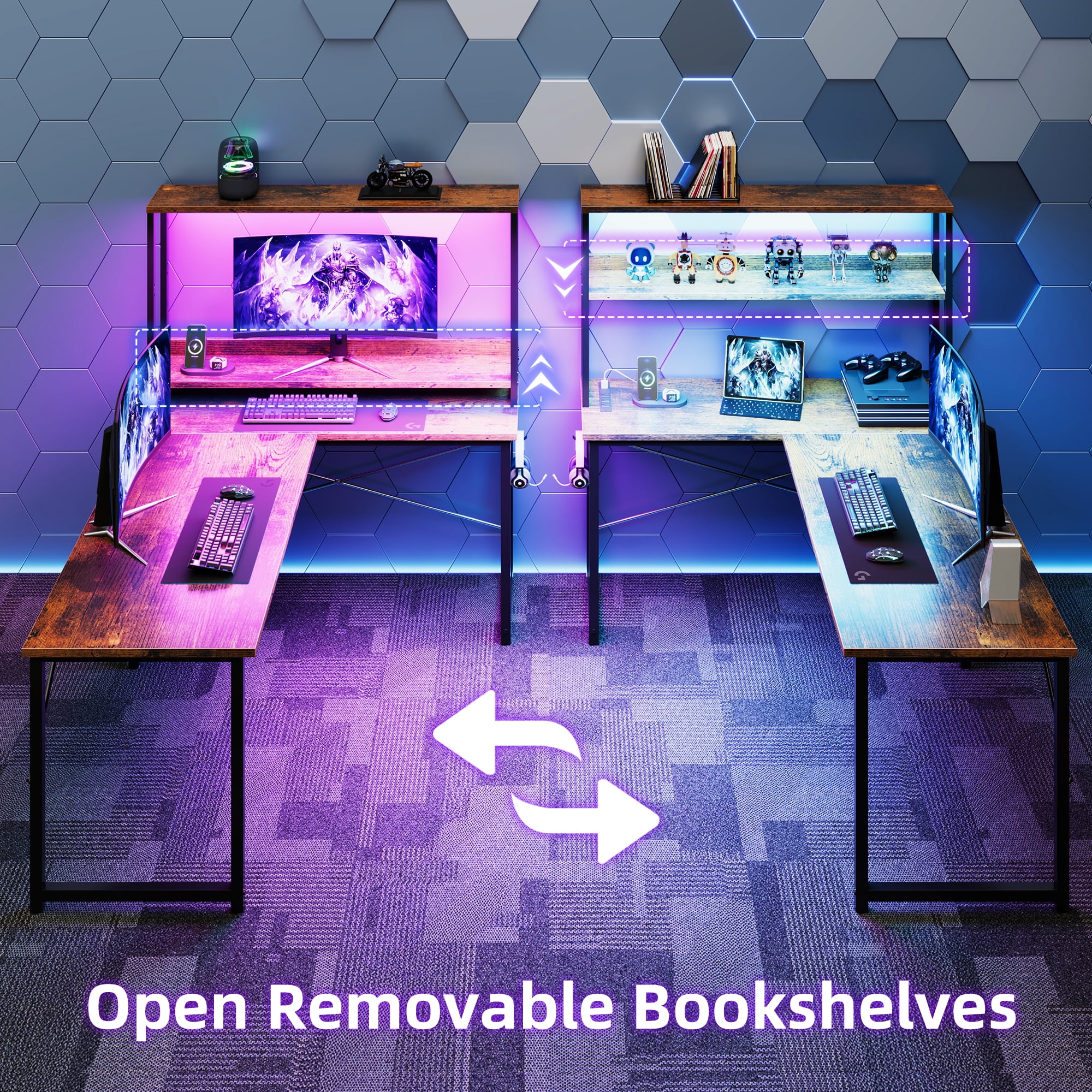 Casacomoda 43 Inch L Shaped Desk with LED Light & Power Outlet, Reversible L Shaped Computer Table with Shelf & Hook for Home Office, Vintage