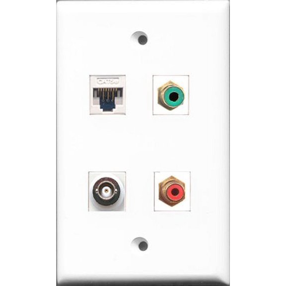 RiteAV 1 Port RCA Red and 1 Port RCA Green and 1 Port BNC and 1 Port Cat5e Ethernet White Wall Plate