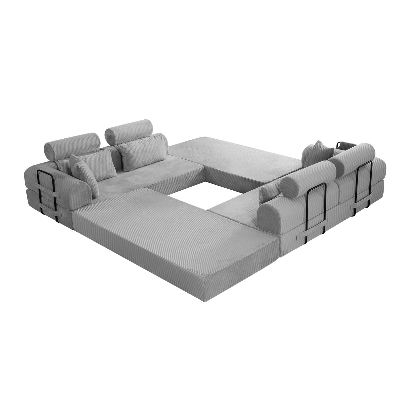 L-Shaped Sectional Sofa Converts to Bed, Corduroy Chaise Lounge with 28D High-Density Foam, No Assembly Compressed Couch for Apartments and Studios, Light Gray