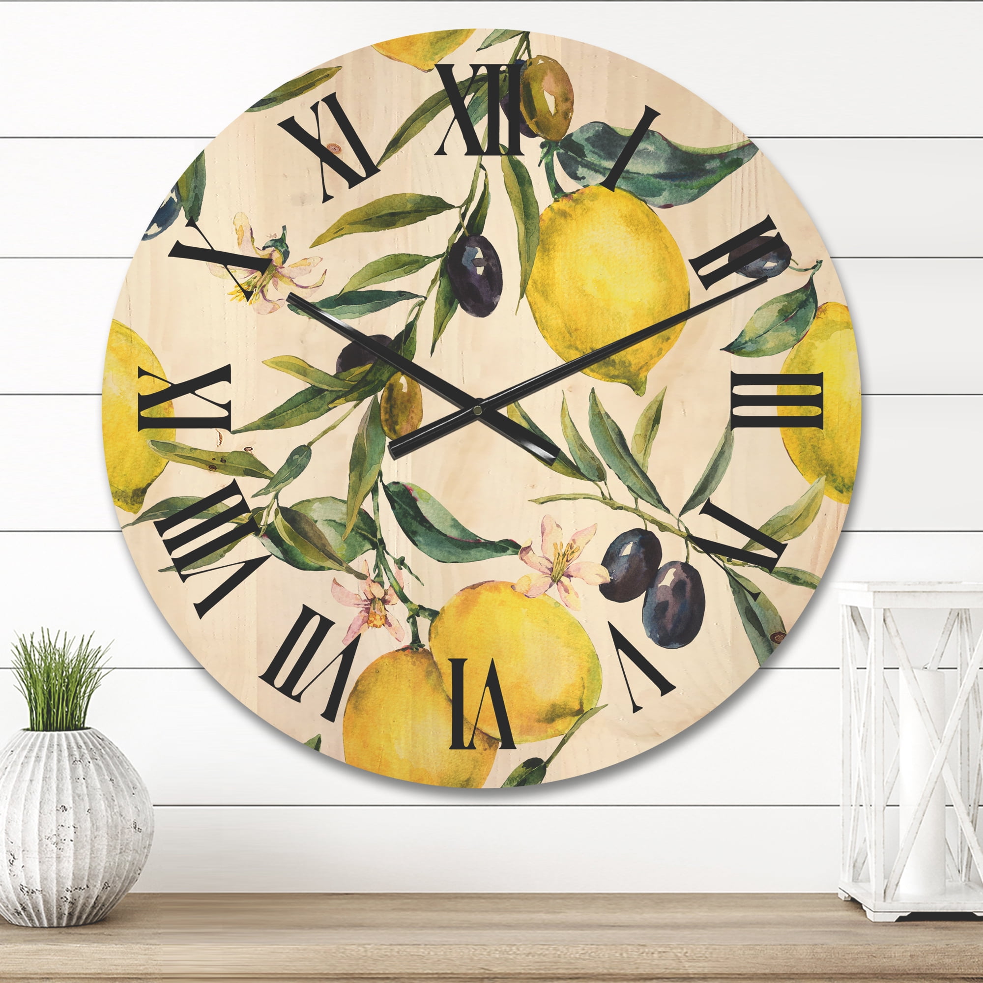 Designart 'Olive and Lemon Branches II' Tropical Wood Wall Clock