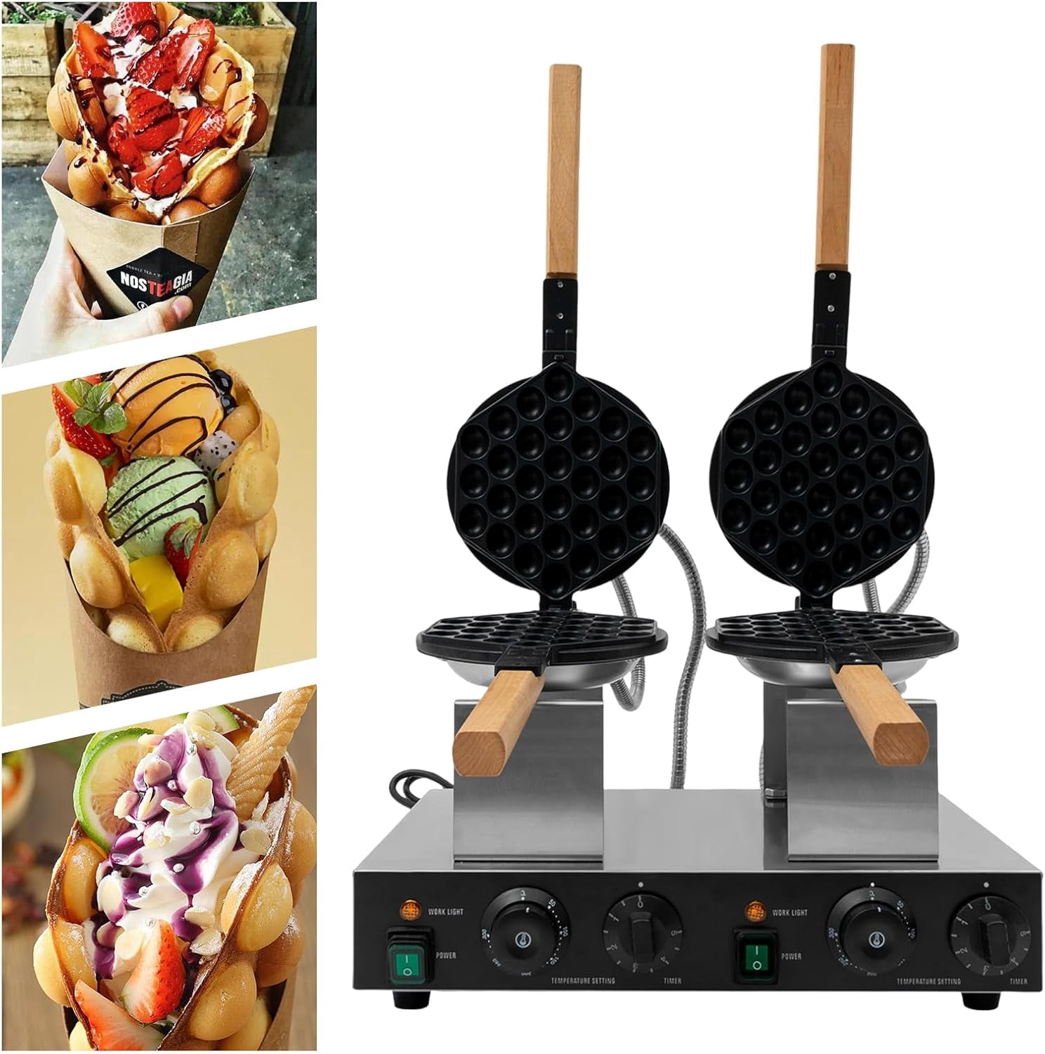 Commercial Bubble Waffle Maker, 2830W Double-head Egg Bubble Puff Maker with Wooden Handles, Stainless Steel Baker with Non-Stick Coating, Electric Non stick Hong Kong Egg Waffler Griddle