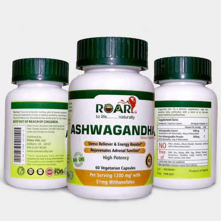 Roar High Potency Pure ASHWAGANDHA with 8% Withanoides for Anxiety & Stress Reliever with Immune & Thyroid Support | 600 mg PER Veggie