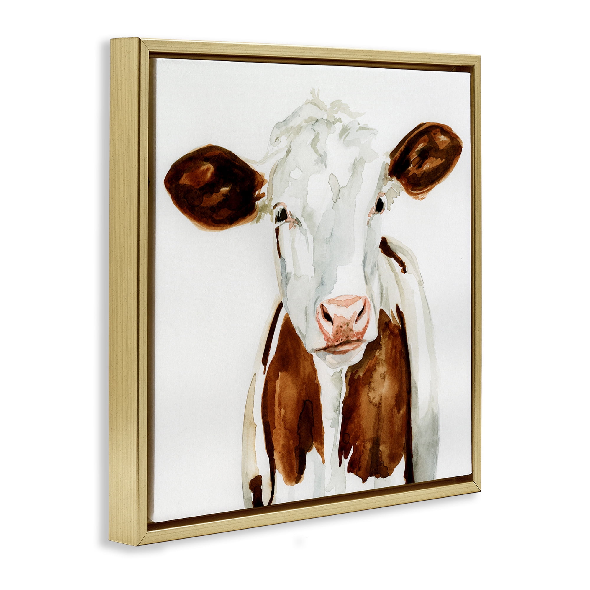 Stupell Industries Farm Cow Neutral Watercolor Animals & Insects Painting Gold Floater Framed Canvas Art Print Wall Art, 18 x 18