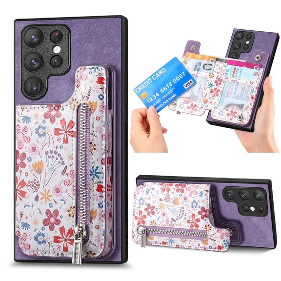 Case for Samsung Galaxy S26 Ultra Wallet Case with Card Slots & Zipper Pocket, Floral Pattern PU Leather Flip Kickstand Cover for Women Girls, RFID Blocking Shockproof Phone Cover, Purple