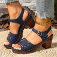 thumbnail image 6 of Sandals for Women 2025 Chunky Heel Open Toe Summer Women's Trendy Solid Color Ankle Strap Women Footwear Causal Summer Dressy Beach Shoes for Women Dark Blue 9.5, 6 of 9