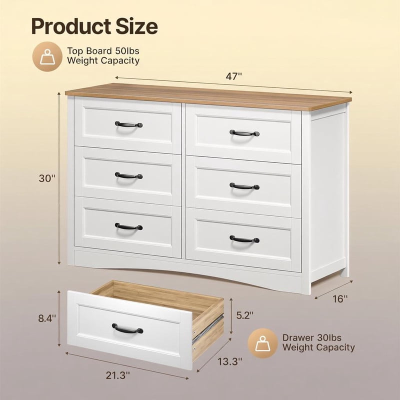 6 Drawer Dresser for Bedroom, Aiho Chest of Drawers with Metal Handle & Anti-Tip Storage Cabinet for Living Room, Nursery, Hallway, White&Vintage-coloured desktop