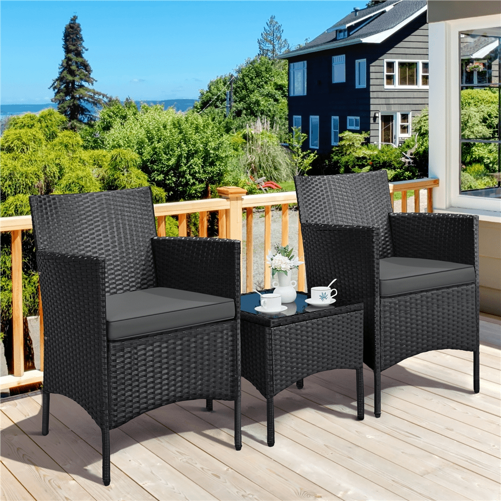 Renwick 3-Piece Rattan Furniture Set with 1 Side Table and 2 Chairs, Black/Gray