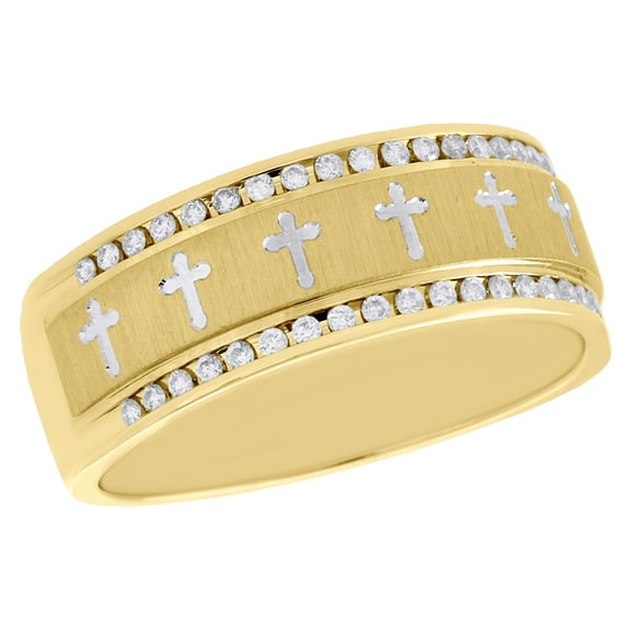 14K Yellow Gold Diamond Mens Wedding Band w/ Budded Cross Engagement Ring 1/4 CT