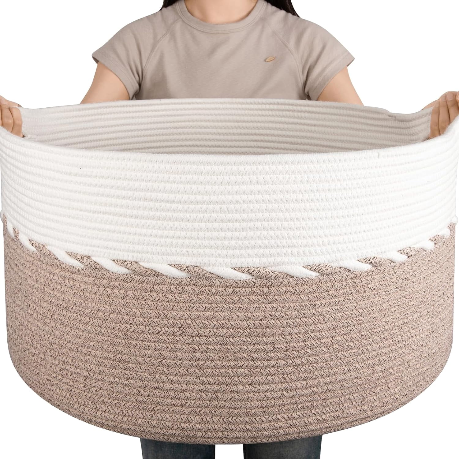 125L Extra Large Blanket Basket, 25" x 16", Jumbo Laundry Hamper, Cotton Rope Basket with Handles for Living Room,Baby Toy Storage Bins, Brown