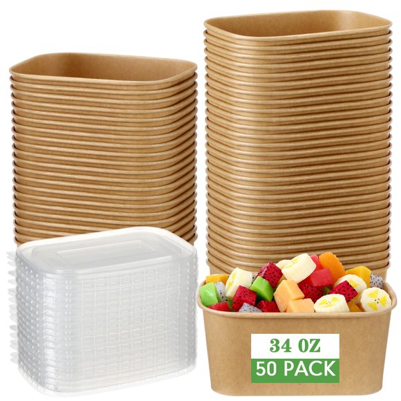 Cuencos desechables de papel kraft Maxdot con tapas de polipropileno, 1000 ml x 50