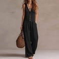 thumbnail image 2 of Women's Summer Cotton‑Linen Ruffle V‑Neck Sleeveless Wide‑Leg Jumpsuit Solid‑Color Casual One‑Piece Long Pants with Side Pockets Black M, 2 of 7