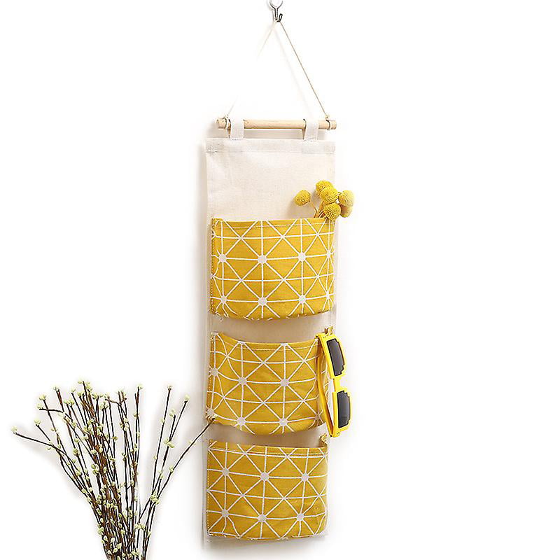 Yellow Linen Farbric Wall Closet Storage Bag Case with 3 Pockets for Bedroom Over Door Hanging Organizer Kitchen Bathroom 