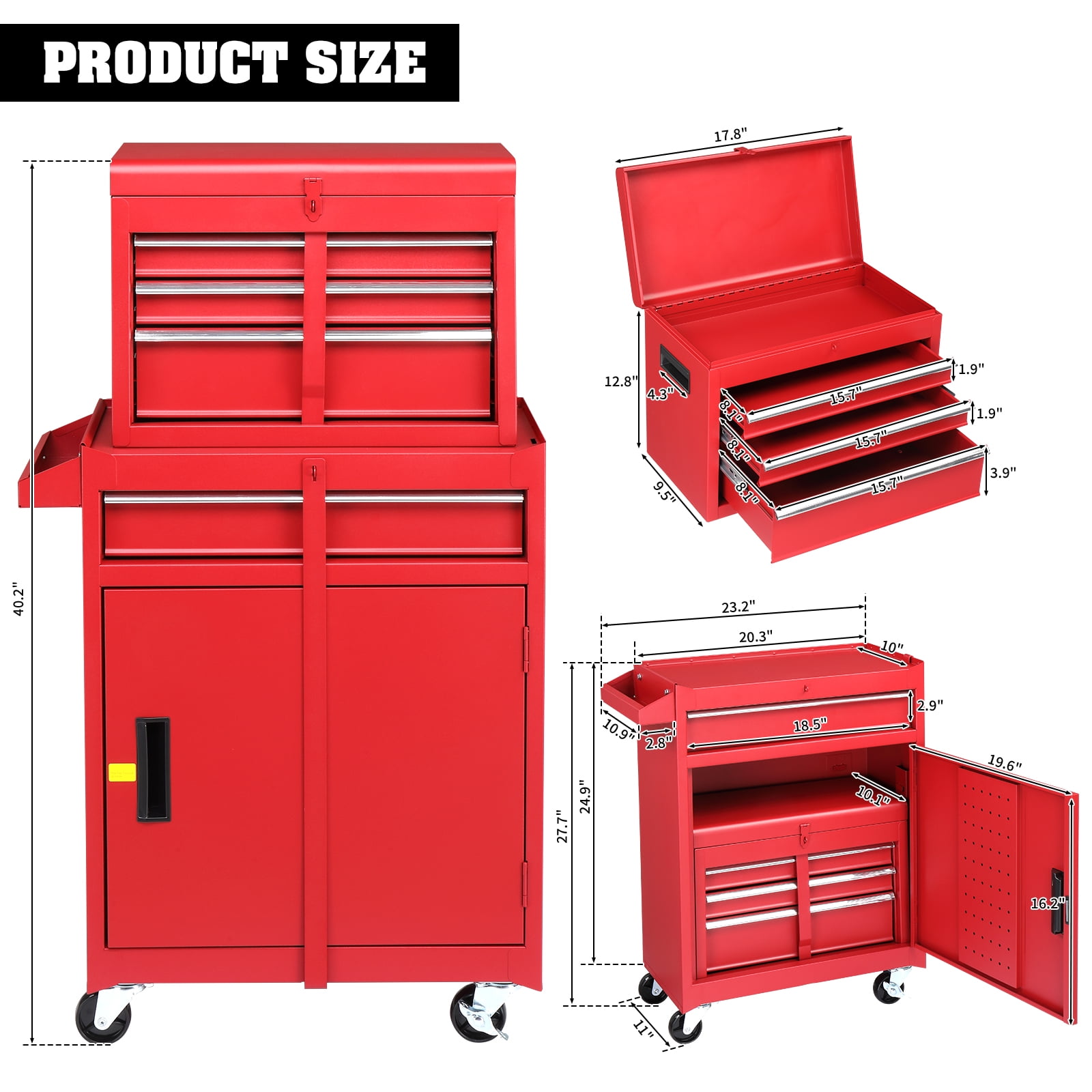 2-in-1 Tool Chest with Drawers, SUREGO 2-Tier Rolling Tool Box & Cabinet with 4 Drawers, Lockable Tool Box Organizer On Wheels, Large Capacity, Red