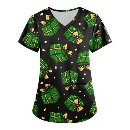 

Ovticza Scrub Tops for Women Christmas Tree with Pockets Short Sleeve Nursing V Neck Xmas Uniform Soft Women Scrubs Christmas Green XL