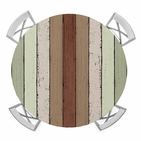Elastic Fitted Round Tablecloth, Sage Green Waterproof Stretch Table Cover for 36"-44" Tables, Farmhouse Wood Grain Vintage Brown Striped Washable Outdoor Tablecloths for Patio, Picnic, Camping