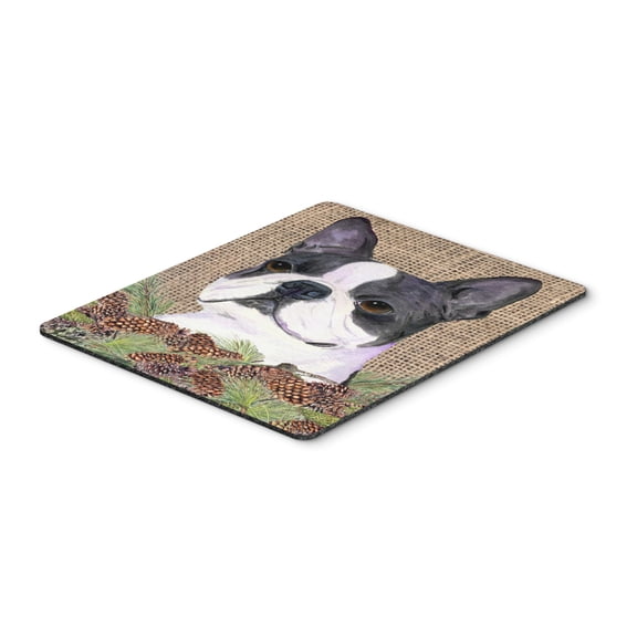 "Boston Terrier on Faux Burlap with Pine Cones Mouse Pad Hot Pad or Trivet"