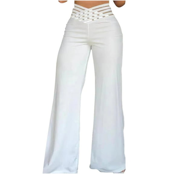 Sngxgn Women Stretch Pants Casual Work Lounge Pant Fashion Button Office High Waist Straight(White,L)