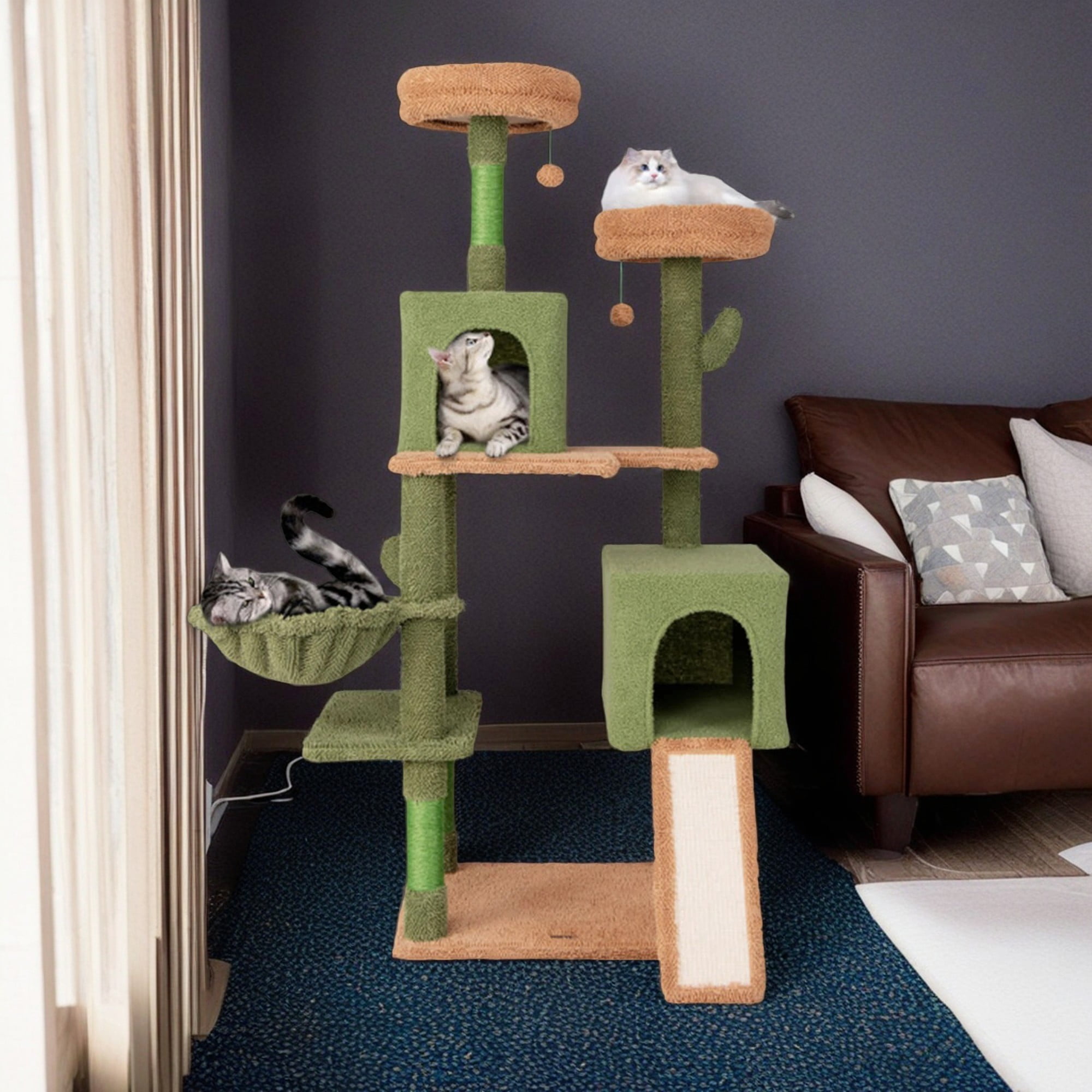Pefilos 63" Cactus Cat Tree Tower for Indoor Cats, Multi-Level Cat Condo, Cat Tree House with Hammock, Sisal Scratching Posts and Ladder, Green Pefilos 63" Cactus Cat Tree Tower for Indoor Cats, Multi-Level Cat Condo, Cat Tree House with Hammock, Sisal Scratching Posts and Ladder, Green