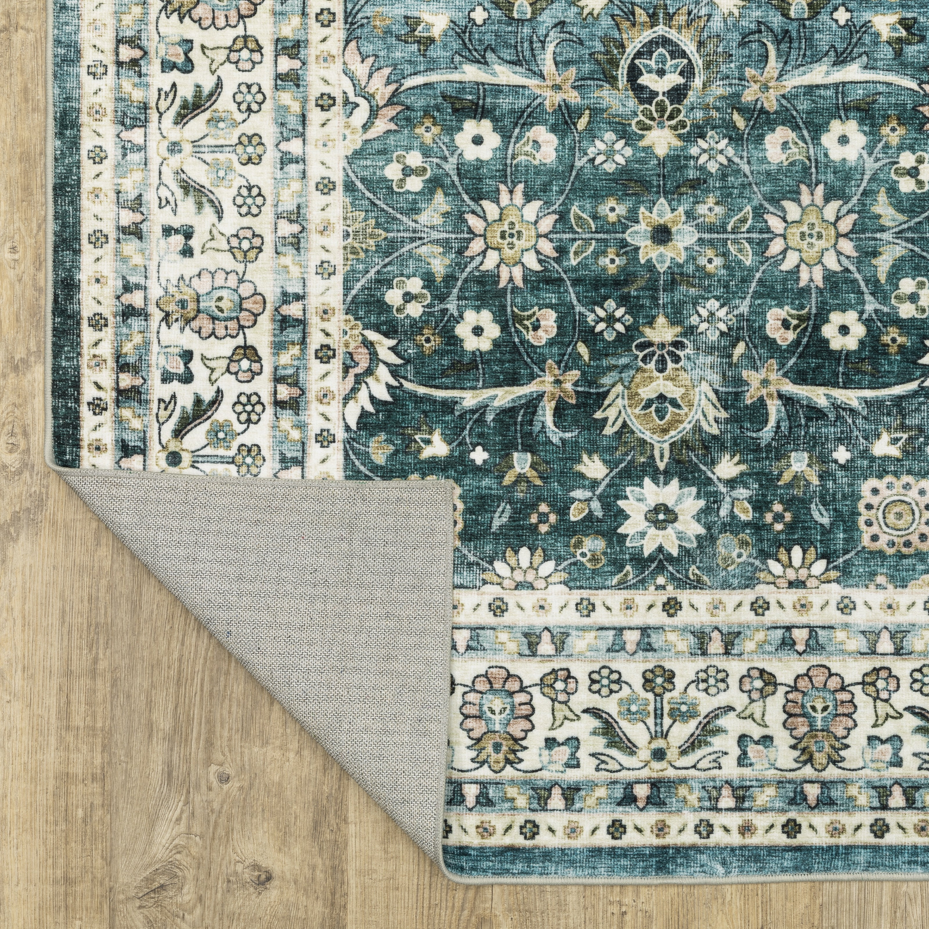 Avalon Home Sebastian Vintage Bordered Teal/ Ivory Washable Indoor Area Rug