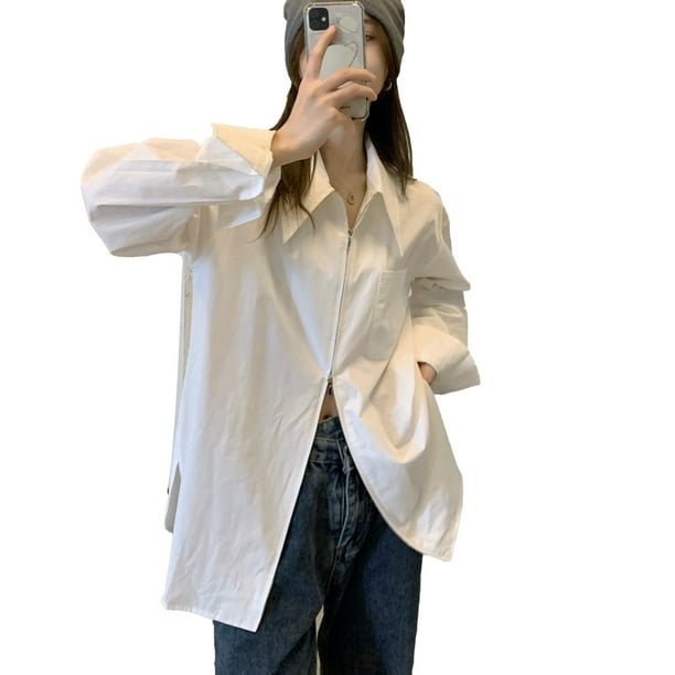 Camisa de manga larga para mujer con cierre de cremallera y bolsillo en el pecho Blusa extragrande informal de color puro Walmart en linea