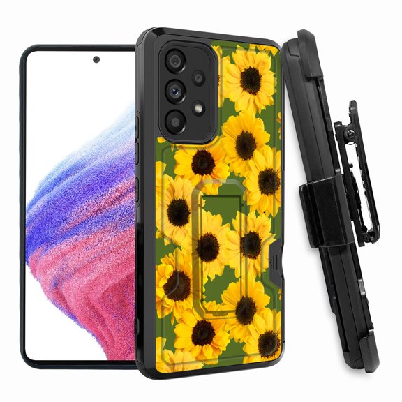 ANJ  Rugged Shockproof Hoster Case w/Card Slot, Kickstand   Tempered Glass Cover for Samsung Galaxy A33 5G - Endless Sunflowers