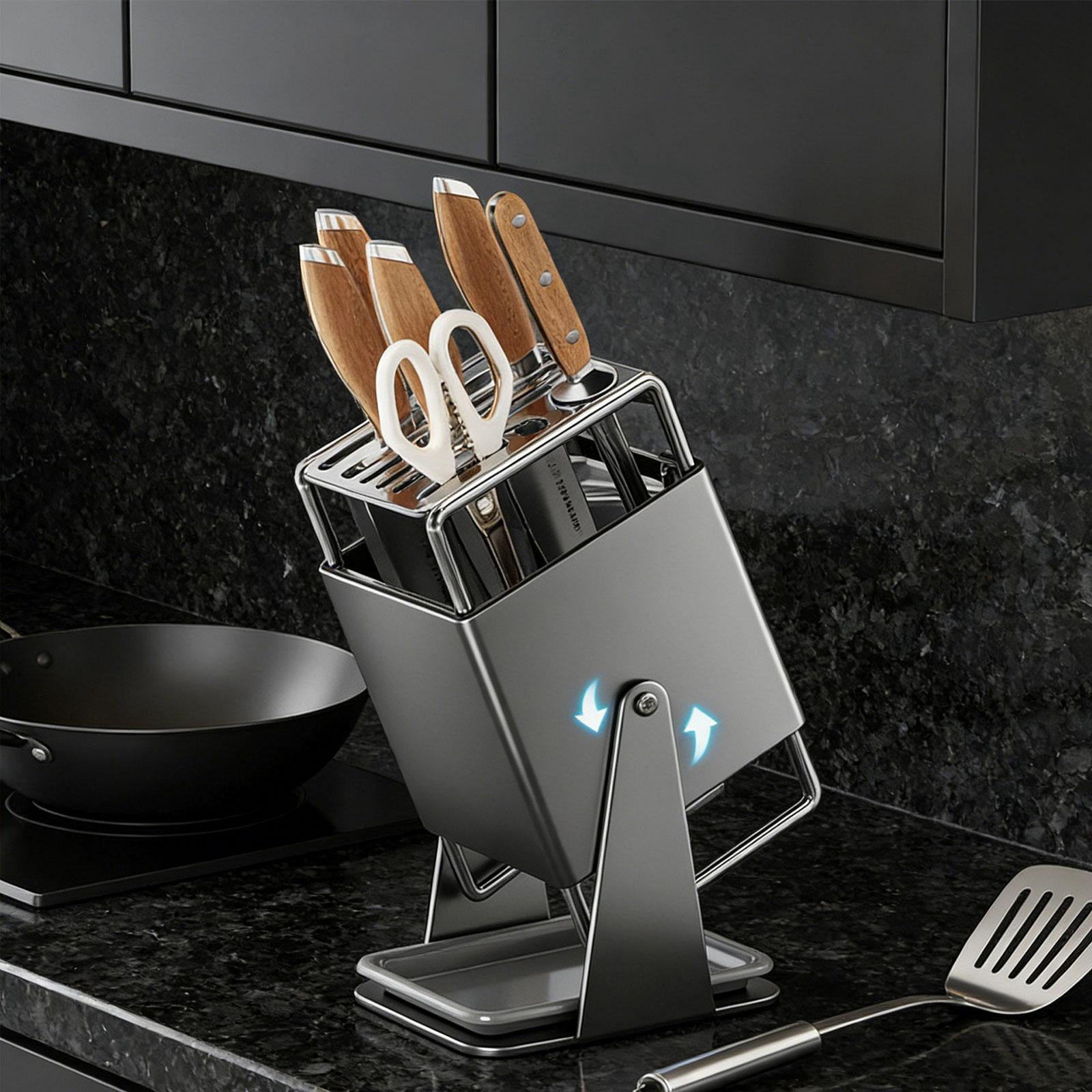 Fiocias Kitchen Knives Holder Stand Stainless Steel Utensil Block Space Saving Organizer Gray