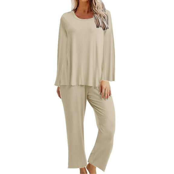 BXINGOHAI Women's Pajamas 2 Piece Sets Crewneck Long Sleeve Sleepshirt and Elastic Waist Pants Sets Loungewear Outfits Beige,S
