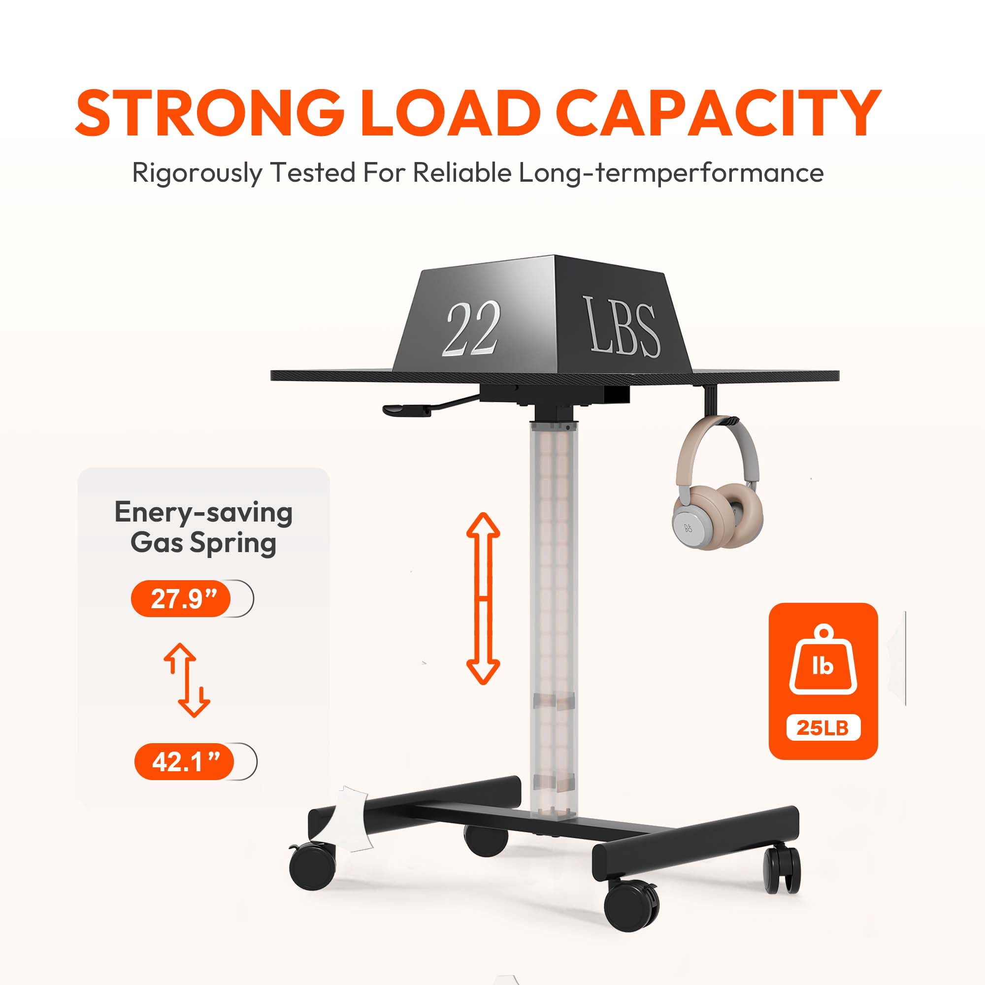 26"×19" Carbon Fiber Mobile Height Adjustable Desk, Gas Spring Sit-Stand Mini Desk with Lockable Casters & Headphone Hook, H-Shape Steel Base