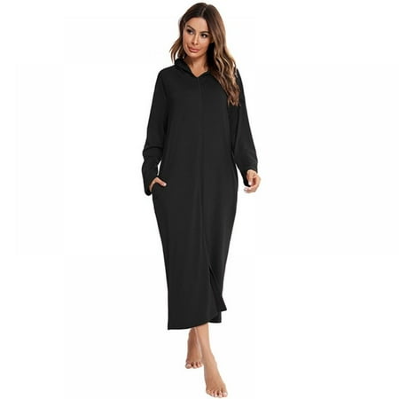 

Linen Purity Women s Solid Color Zipper Pajamas Long Sleeved Pocket Nightgowns Loose Nightdress